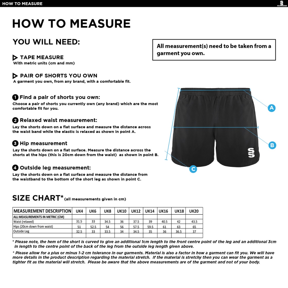 Southampton Volleyball Club - Performance Gym Short - Women's Fit - Size Guide