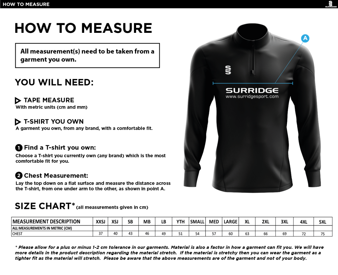 Southampton Volleyball Club - 1/4 Zip Dual Performance Top :  Black - Size Guide