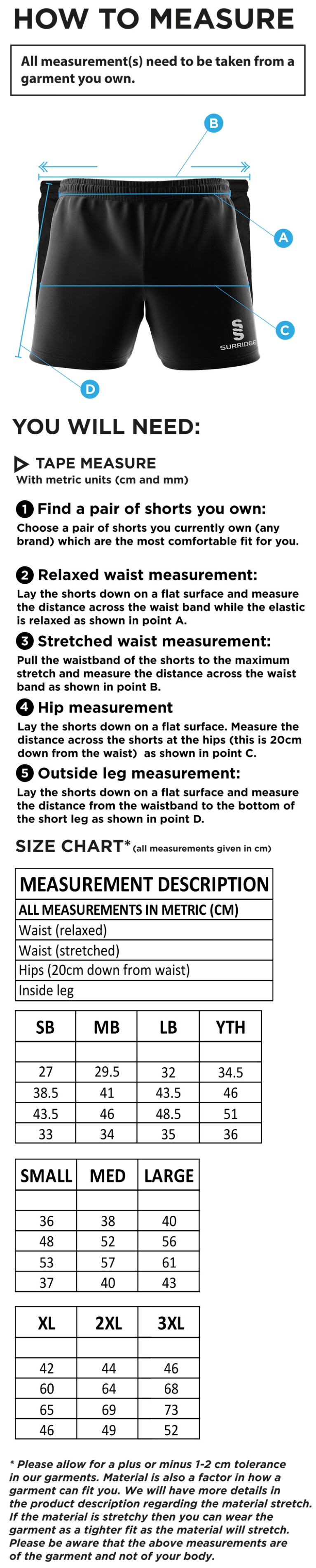 Southampton Volleyball Club - Performance Gym Short - Unisex Fit - Size Guide