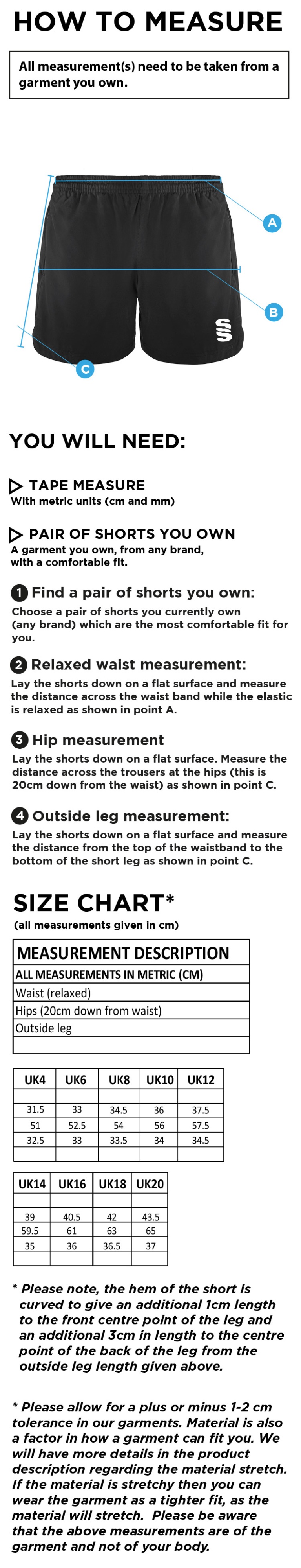 Southampton Volleyball Club - Performance Gym Short - Women's Fit - Size Guide