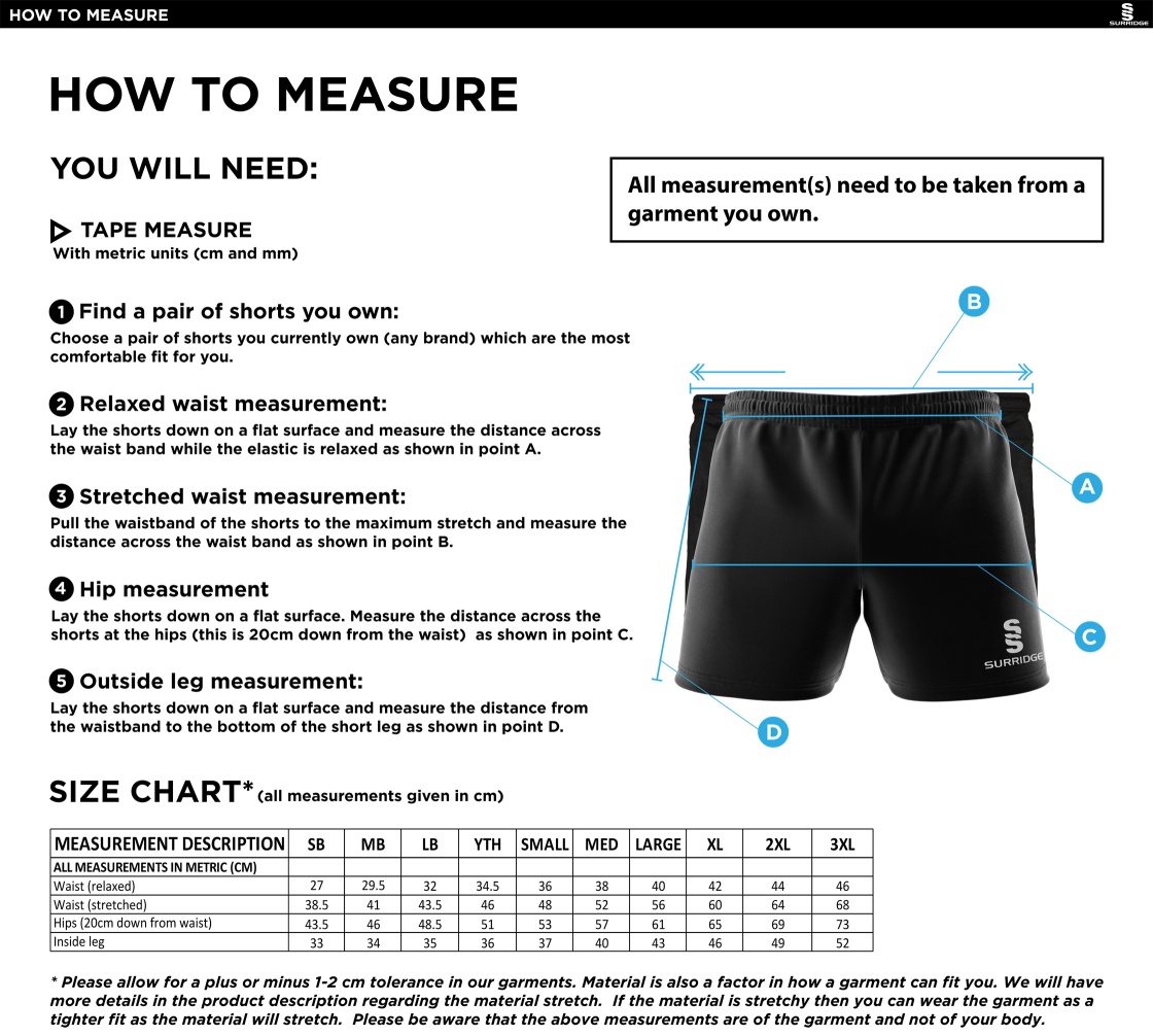 Southampton Volleyball Club - Performance Gym Short - Unisex Fit - Size Guide